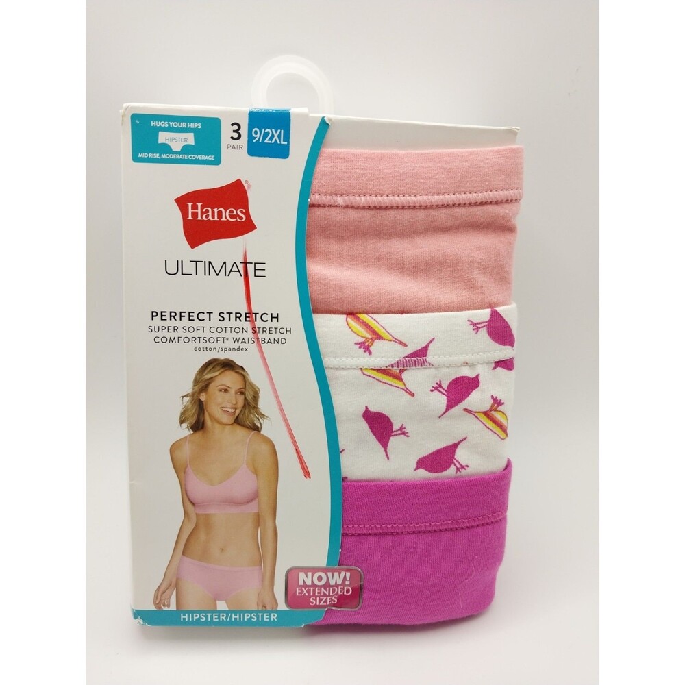 NEW Hanes Ultimate Perfect Stretch Hipster Underwear 3-Pack Pink Bird Size 9 2XL